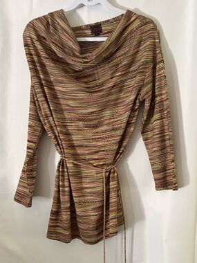 Cowl Neck Belted Tunic Sweater - ColorMix Brown